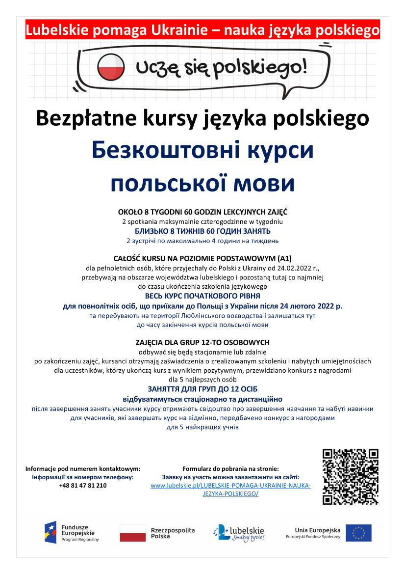 Ulotka informująca o bezpłatnym kursie języka polskiego dla obywateli Ukrainy